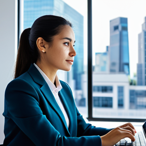 Home 6 A focused professional woman of Latin descent, in her late 20s, wearing a stylish, modest business casual outfit with a tailored blazer and smart trousers. She is seated at a minimalist modern desk in a bright, open-plan tech office, looking attentively at a vibrant holographic interface projected above her tablet. The interface displays a clean, intuitive dashboard with flowing data related to customer insights and service metrics, indicating seamless interaction with advanced technology. The background features soft, diffused lighting from large windows, blurring into a modern city skyline. The overall ambiance is professional, forward-thinking, and clean. Perfect anatomy, correct proportions, natural pose, well-formed hands, proper finger count, natural body proportions. Professional photography, high quality, sharp focus, natural colors, safe for work, appropriate content, fully clothed, modest, family-friendly.