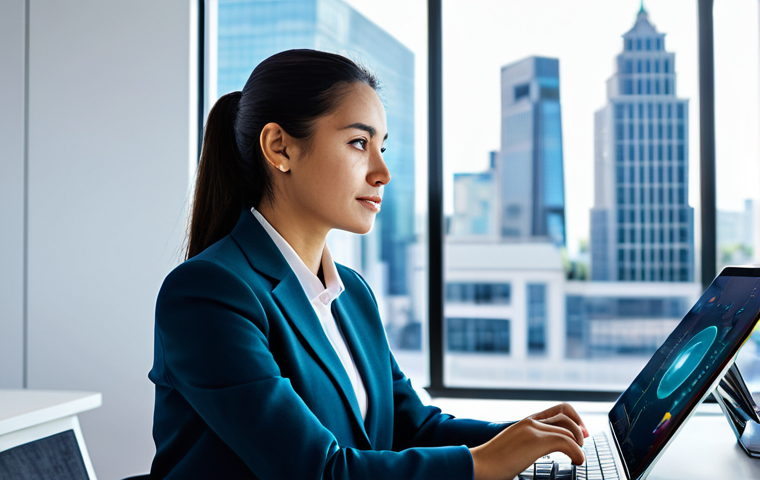 A focused professional woman of Latin descent, in her late 20s, wearing a stylish, modest business casual outfit with a tailored blazer and smart trousers. She is seated at a minimalist modern desk in a bright, open-plan tech office, looking attentively at a vibrant holographic interface projected above her tablet. The interface displays a clean, intuitive dashboard with flowing data related to customer insights and service metrics, indicating seamless interaction with advanced technology. The background features soft, diffused lighting from large windows, blurring into a modern city skyline. The overall ambiance is professional, forward-thinking, and clean. Perfect anatomy, correct proportions, natural pose, well-formed hands, proper finger count, natural body proportions. Professional photography, high quality, sharp focus, natural colors, safe for work, appropriate content, fully clothed, modest, family-friendly.
