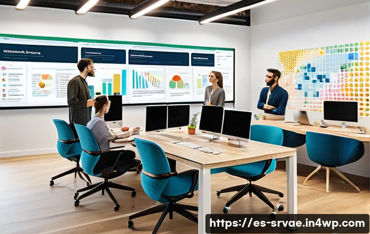 서비스 디자인에서의 피드백 루프 만들기 - A modern digital workspace showing a diverse team of professionals collaborating around a large scre...
