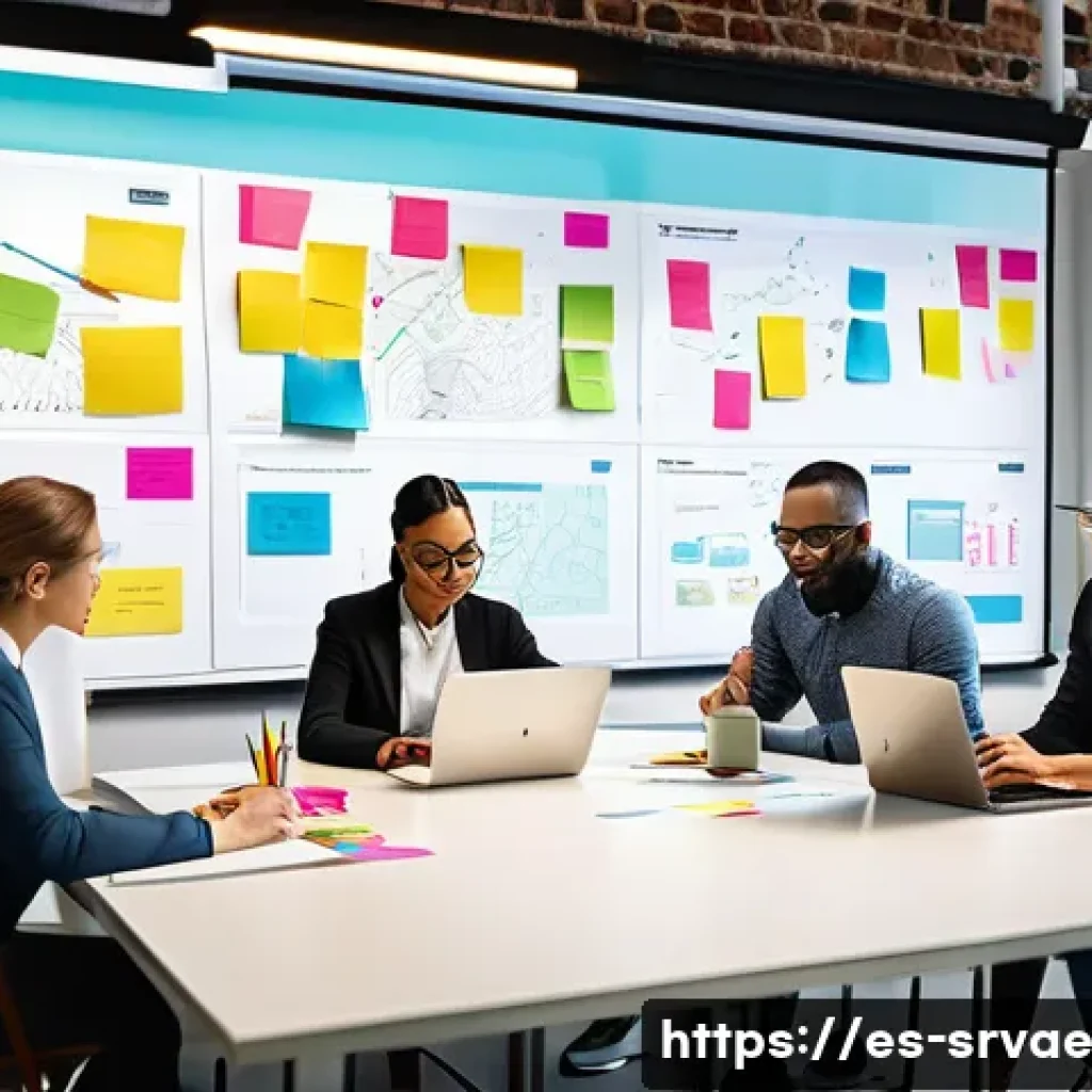 서비스 디자인 교육 과정 및 트레이닝 - A diverse group of professionals collaborating around a large table in a modern office, using laptop...