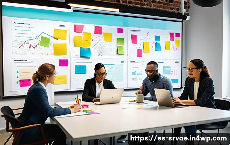 서비스 디자인 교육 과정 및 트레이닝 - A diverse group of professionals collaborating around a large table in a modern office, using laptop...