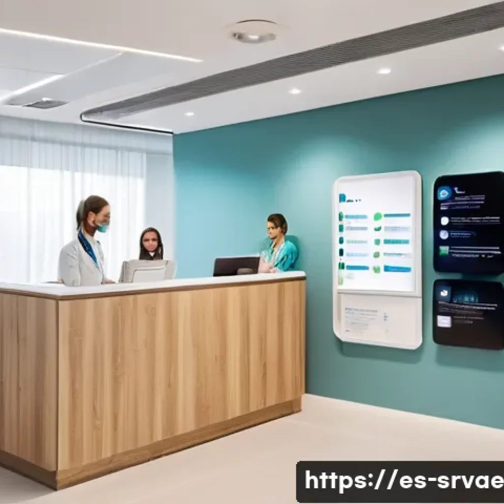 서비스 디자인의 가이드라인 및 사례 - A professional setting inside a modern medical clinic reception area in Spain, featuring diverse pat...