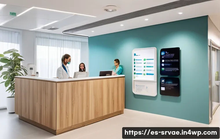 서비스 디자인의 가이드라인 및 사례 - A professional setting inside a modern medical clinic reception area in Spain, featuring diverse pat...
