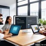 Home 22 서비스 디자인에서의 간편한 프로토타입 도구 - A modern creative workspace featuring a diverse team of young professionals collaborating remotely o...