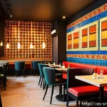 Home 21 서비스 디자인과 마케팅의 통합 전략 - A vibrant modern restaurant interior filled with warm lighting and cozy seating, showing diverse cus...