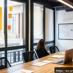 Home 19 서비스 프로토타입 제작 과정 - A modern, bright coworking space in a Barcelona office, featuring a diverse team of Spanish professi...