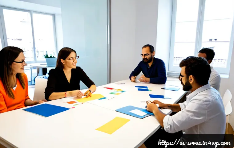 서비스 디자인 팀 구성 및 역할 분담 - Photorealistic service design team workshop in a bright contemporary Madrid office, diverse Spanish ...